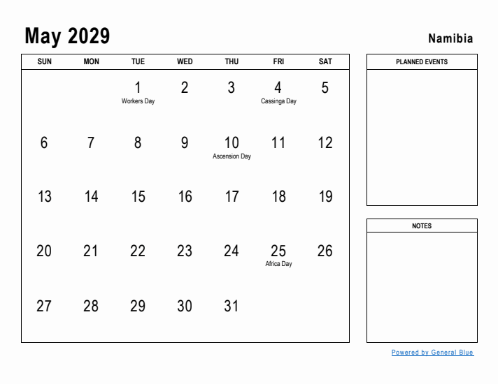 May 2029 Printable Monthly Calendar with Namibia Holidays