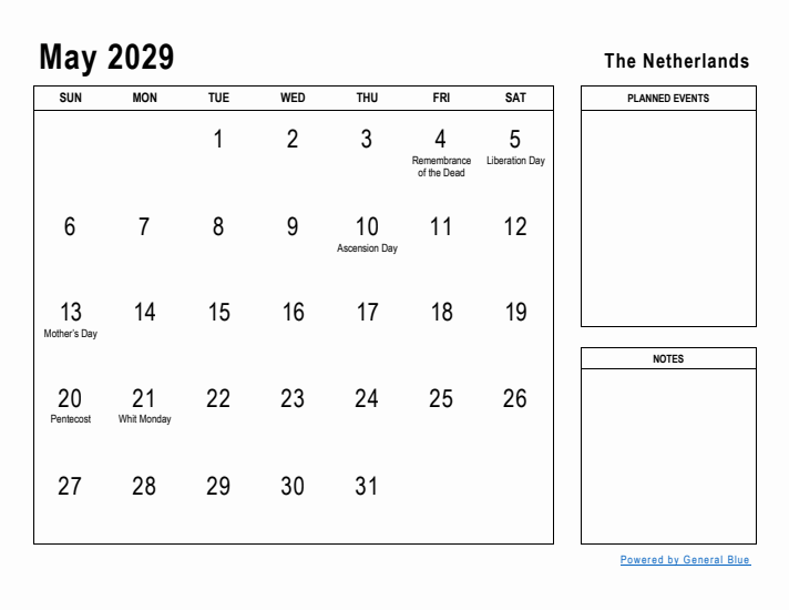 May 2029 Printable Monthly Calendar with The Netherlands Holidays