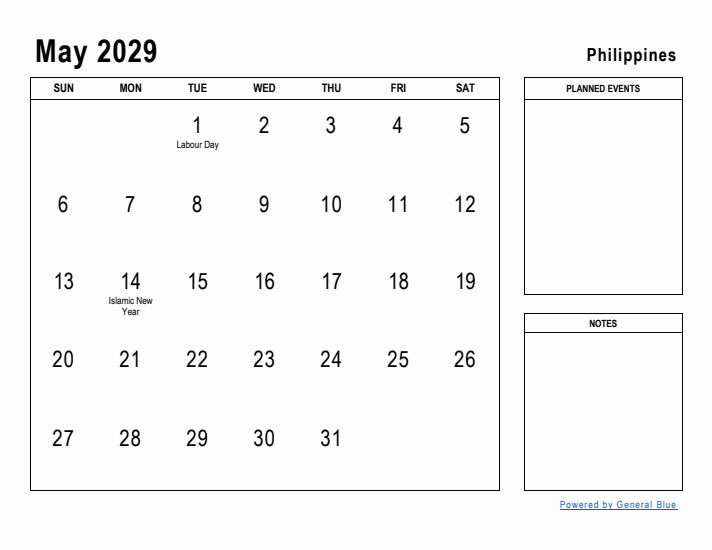 May 2029 Printable Monthly Calendar with Philippines Holidays