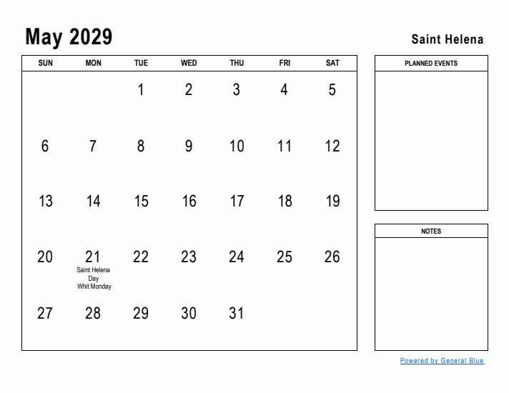 May 2029 Printable Monthly Calendar with Saint Helena Holidays