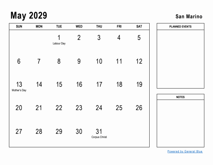 May 2029 Printable Monthly Calendar with San Marino Holidays