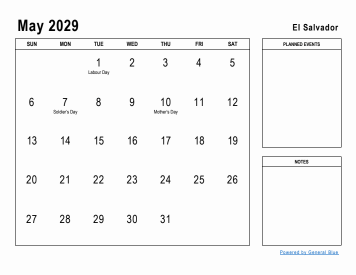 May 2029 Printable Monthly Calendar with El Salvador Holidays