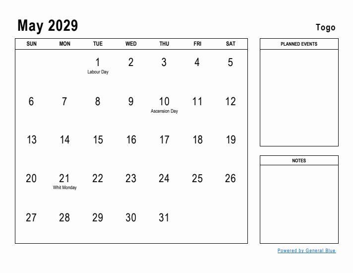 May 2029 Printable Monthly Calendar with Togo Holidays