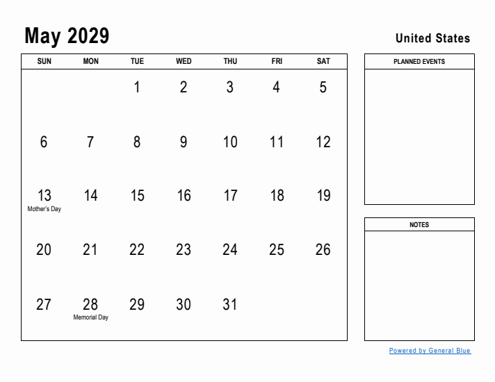 May 2029 Printable Monthly Calendar with United States Holidays