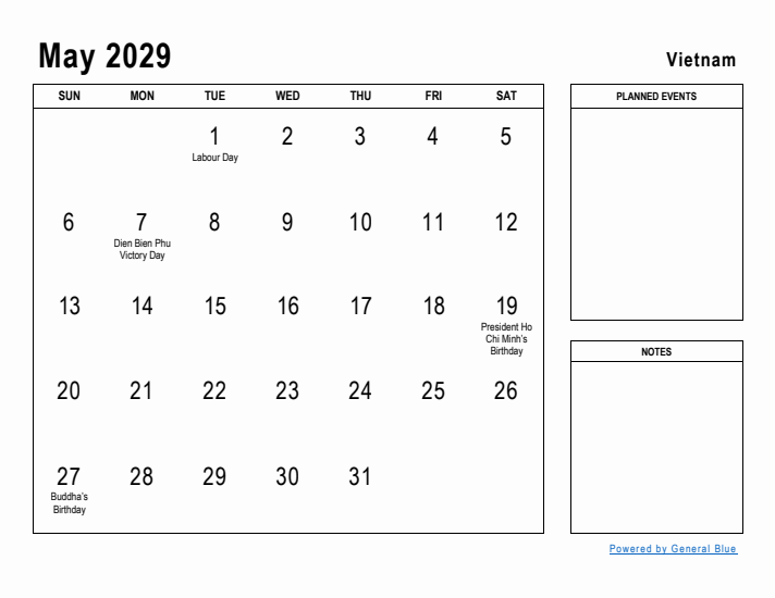 May 2029 Printable Monthly Calendar with Vietnam Holidays