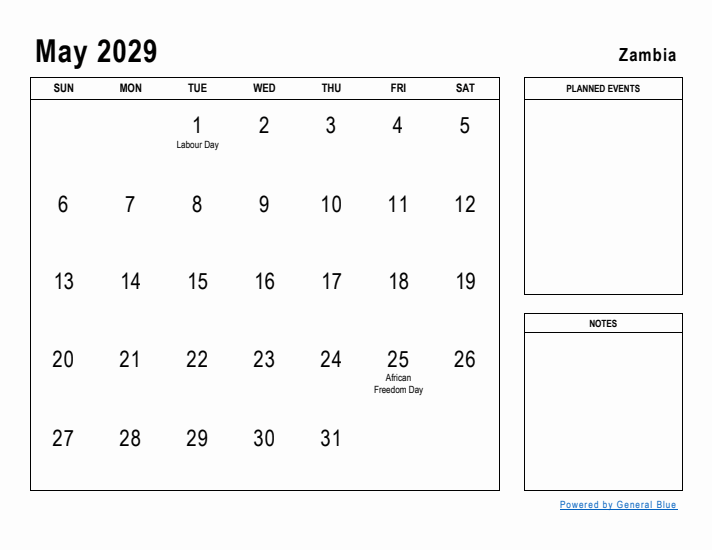 May 2029 Printable Monthly Calendar with Zambia Holidays