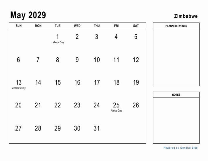 May 2029 Printable Monthly Calendar with Zimbabwe Holidays