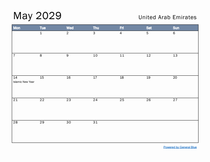 May 2029 Simple Monthly Calendar for United Arab Emirates