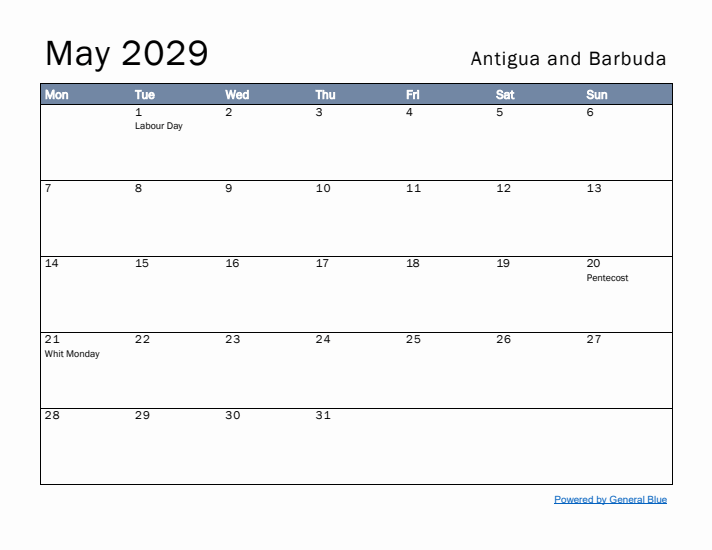 May 2029 Simple Monthly Calendar for Antigua and Barbuda