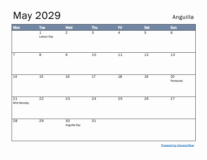 May 2029 Simple Monthly Calendar for Anguilla