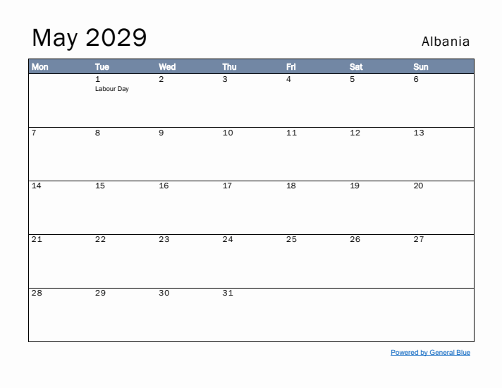 May 2029 Simple Monthly Calendar for Albania