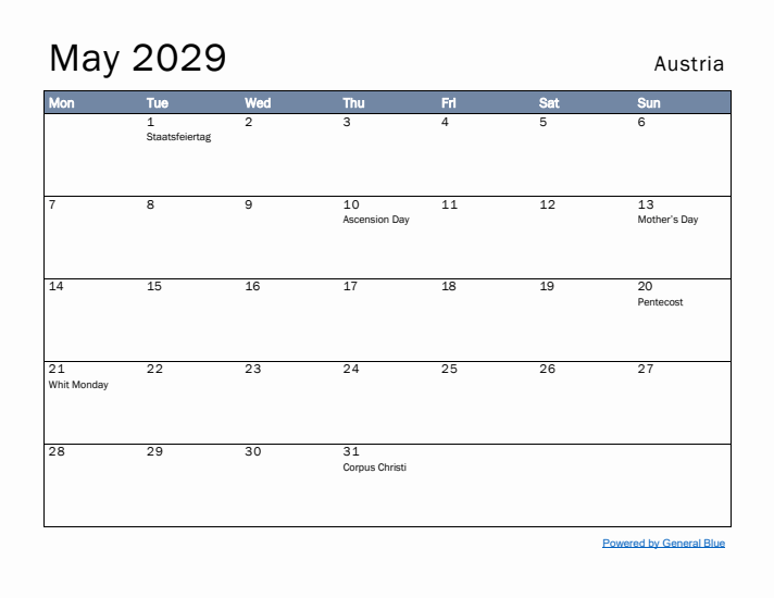 May 2029 Simple Monthly Calendar for Austria