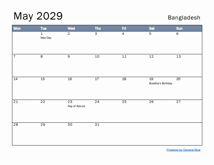 May 2029 Simple Monthly Calendar for Bangladesh