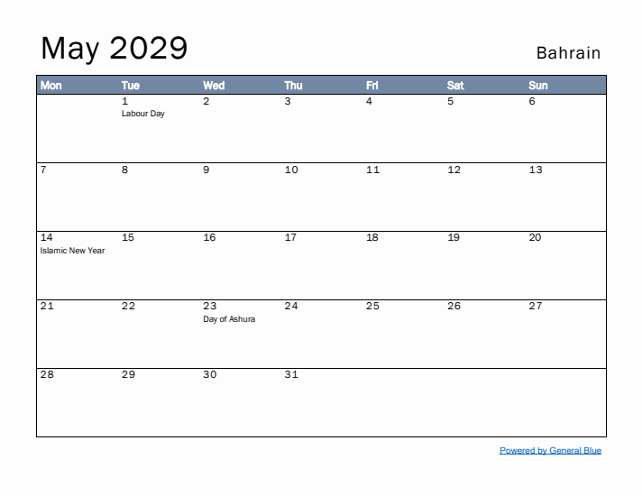 May 2029 Simple Monthly Calendar for Bahrain