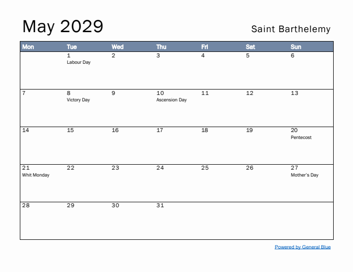 May 2029 Simple Monthly Calendar for Saint Barthelemy