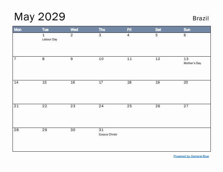 May 2029 Simple Monthly Calendar for Brazil