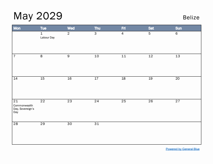 May 2029 Simple Monthly Calendar for Belize