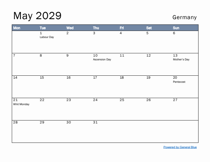 May 2029 Simple Monthly Calendar for Germany