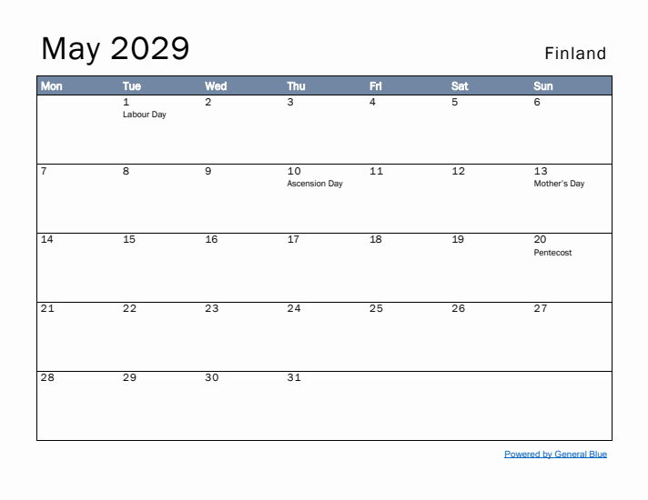 May 2029 Simple Monthly Calendar for Finland