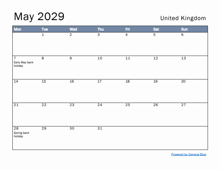 May 2029 Simple Monthly Calendar for United Kingdom