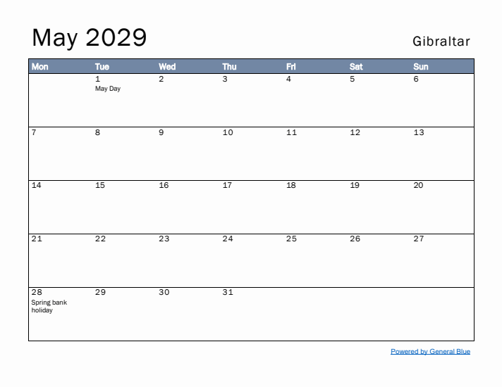 May 2029 Simple Monthly Calendar for Gibraltar