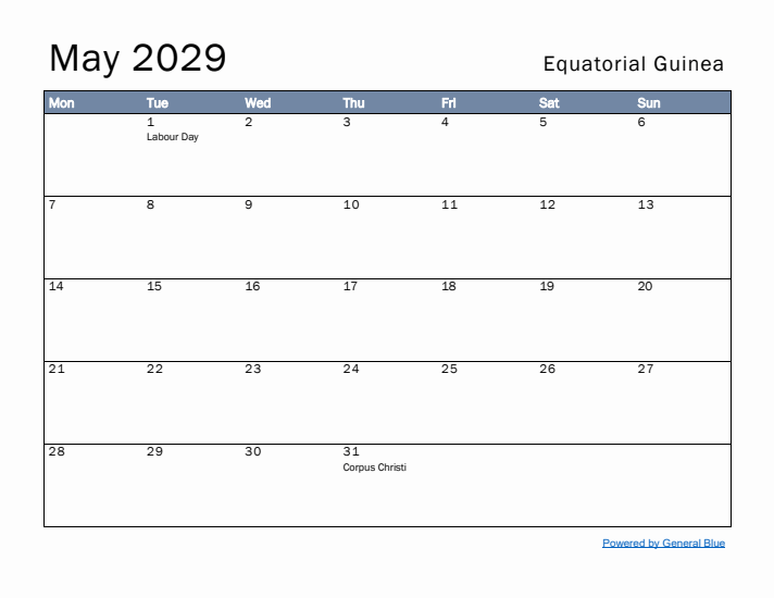 May 2029 Simple Monthly Calendar for Equatorial Guinea