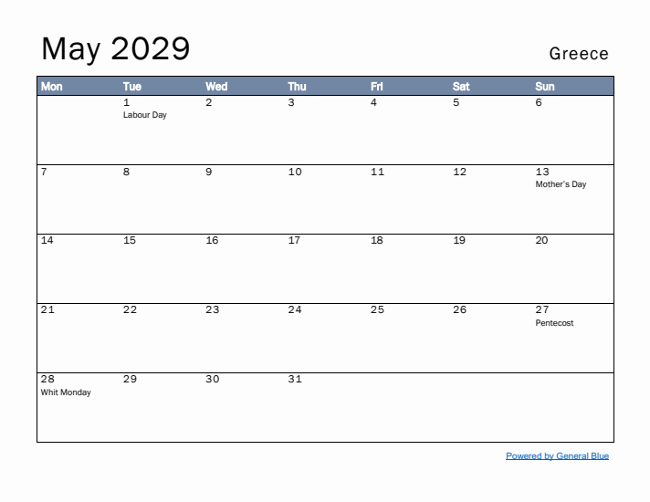 May 2029 Simple Monthly Calendar for Greece