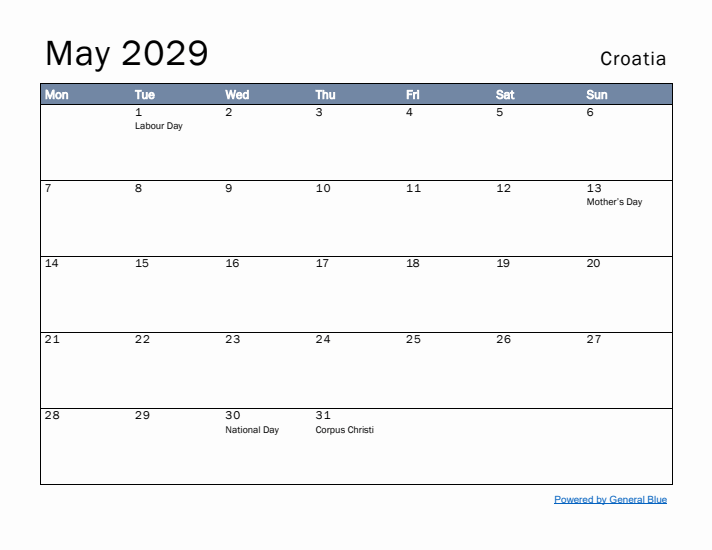 May 2029 Simple Monthly Calendar for Croatia