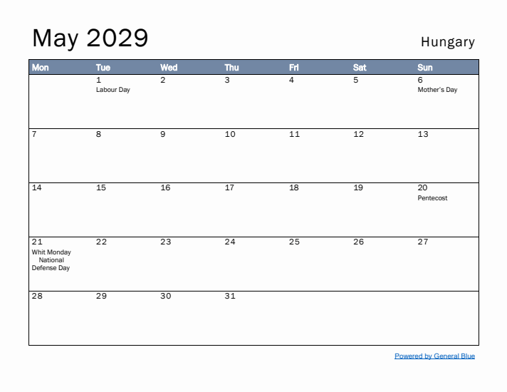 May 2029 Simple Monthly Calendar for Hungary