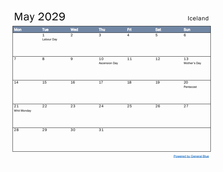 May 2029 Simple Monthly Calendar for Iceland