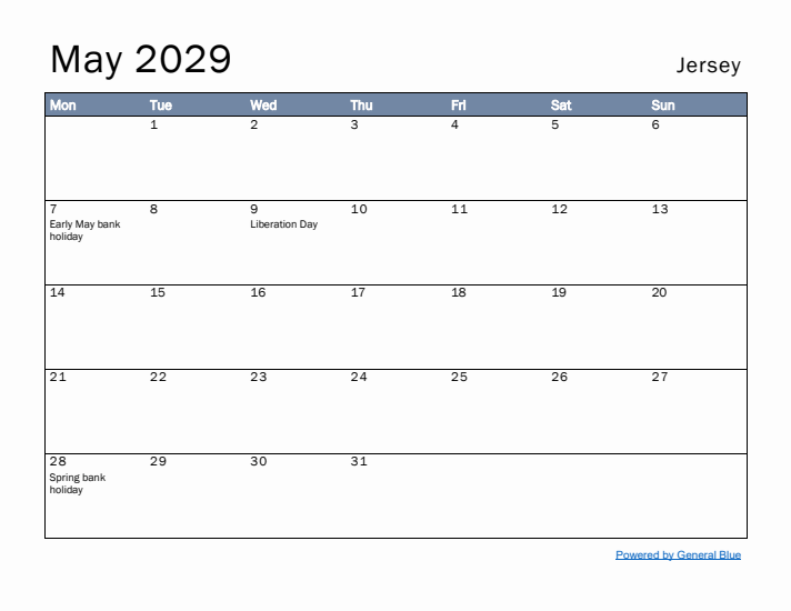 May 2029 Simple Monthly Calendar for Jersey