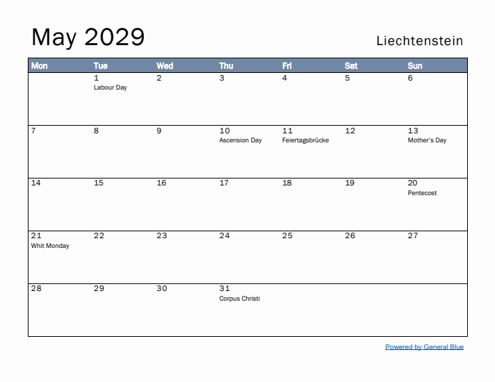 May 2029 Simple Monthly Calendar for Liechtenstein