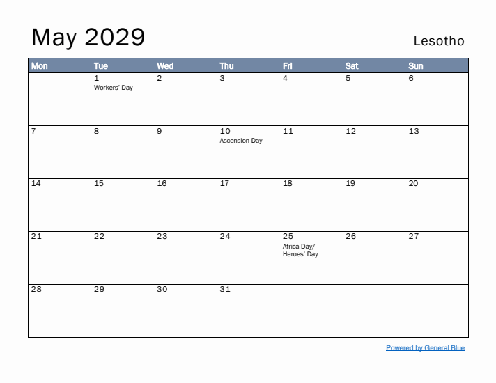 May 2029 Simple Monthly Calendar for Lesotho