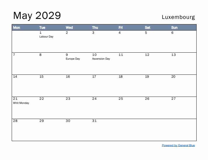 May 2029 Simple Monthly Calendar for Luxembourg