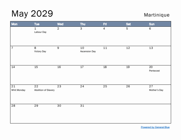 May 2029 Simple Monthly Calendar for Martinique