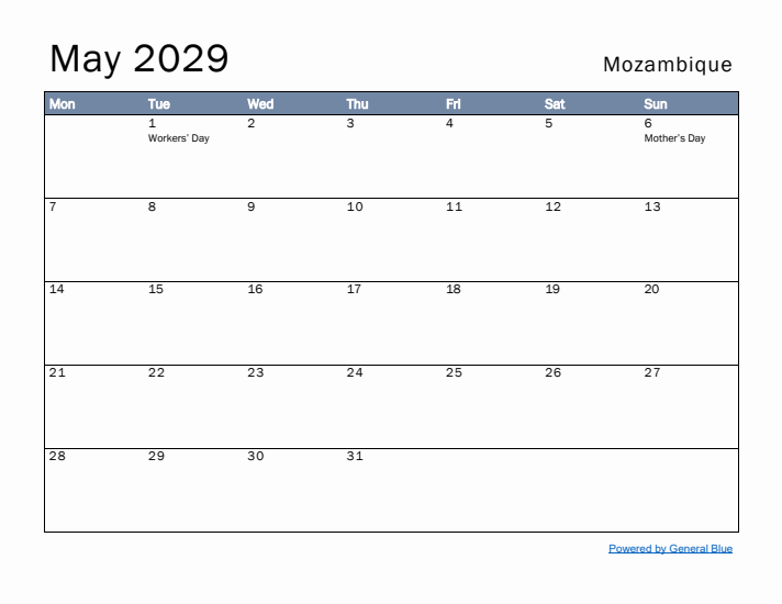 May 2029 Simple Monthly Calendar for Mozambique