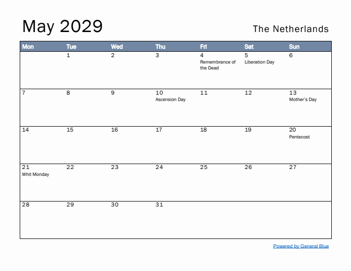 May 2029 Simple Monthly Calendar for The Netherlands