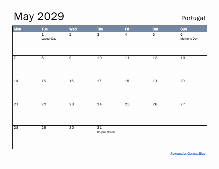 May 2029 Simple Monthly Calendar for Portugal