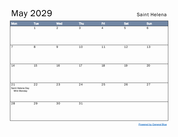 May 2029 Simple Monthly Calendar for Saint Helena