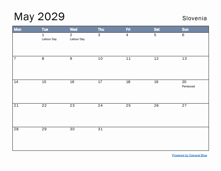 May 2029 Simple Monthly Calendar for Slovenia