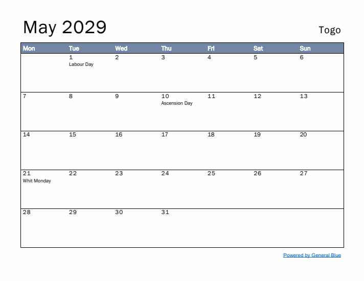 May 2029 Simple Monthly Calendar for Togo