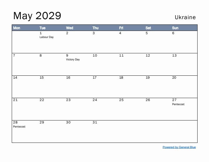 May 2029 Simple Monthly Calendar for Ukraine