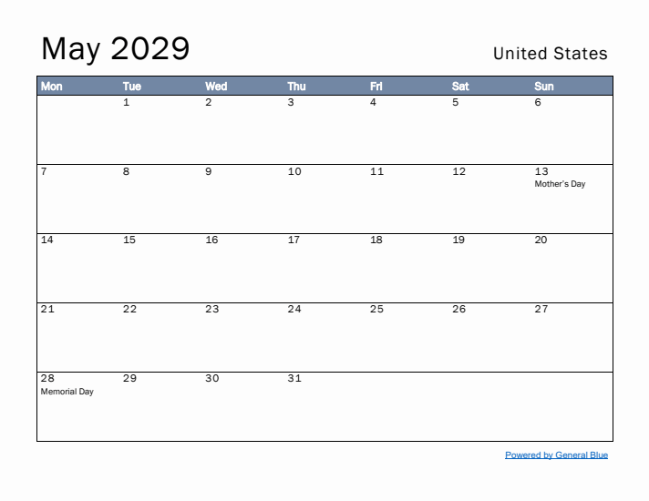 May 2029 Simple Monthly Calendar for United States