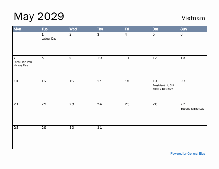 May 2029 Simple Monthly Calendar for Vietnam