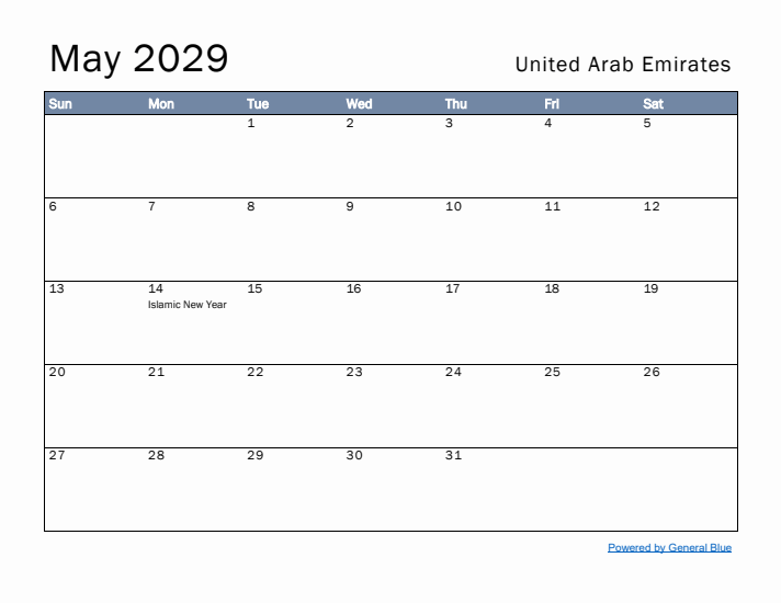 May 2029 Simple Monthly Calendar for United Arab Emirates