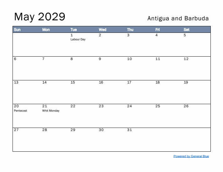 May 2029 Simple Monthly Calendar for Antigua and Barbuda