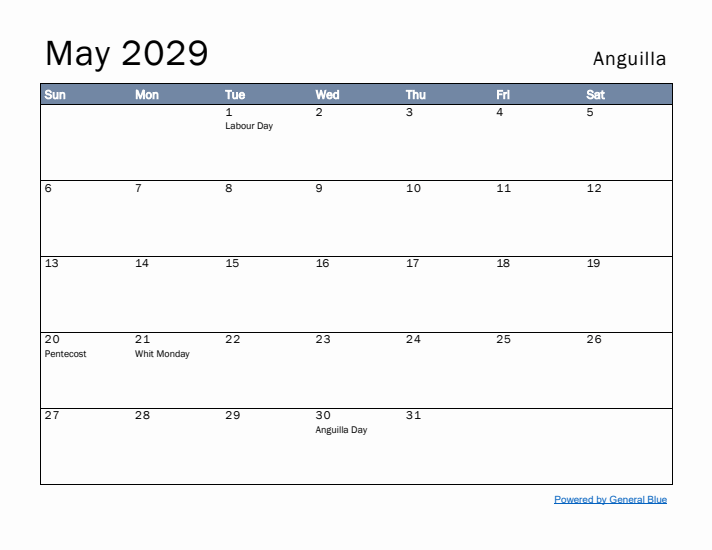 May 2029 Simple Monthly Calendar for Anguilla