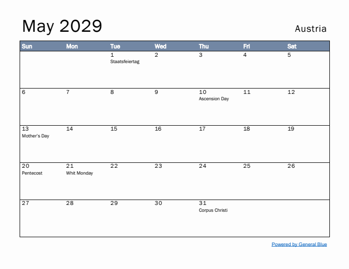 May 2029 Simple Monthly Calendar for Austria