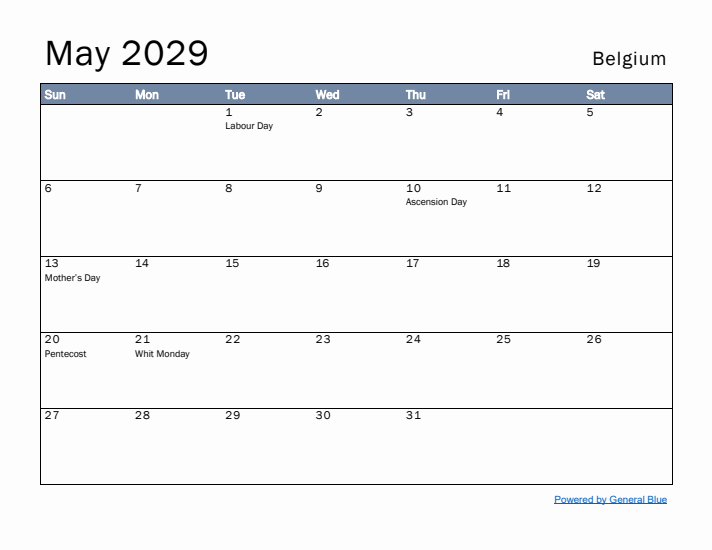 May 2029 Simple Monthly Calendar for Belgium