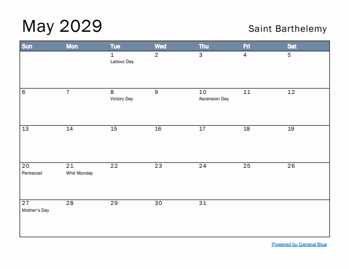 May 2029 Simple Monthly Calendar for Saint Barthelemy